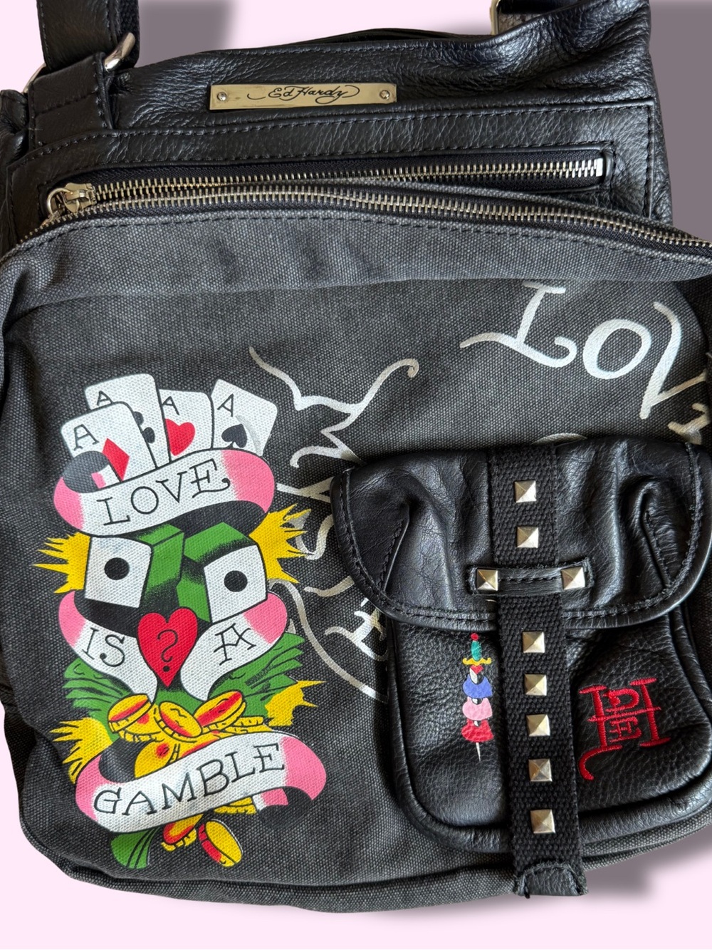 Ed Hardy Love Is A Gamble Black Denim Leather Saddle Crossbody Bag Y2K - Picture 3 of 9